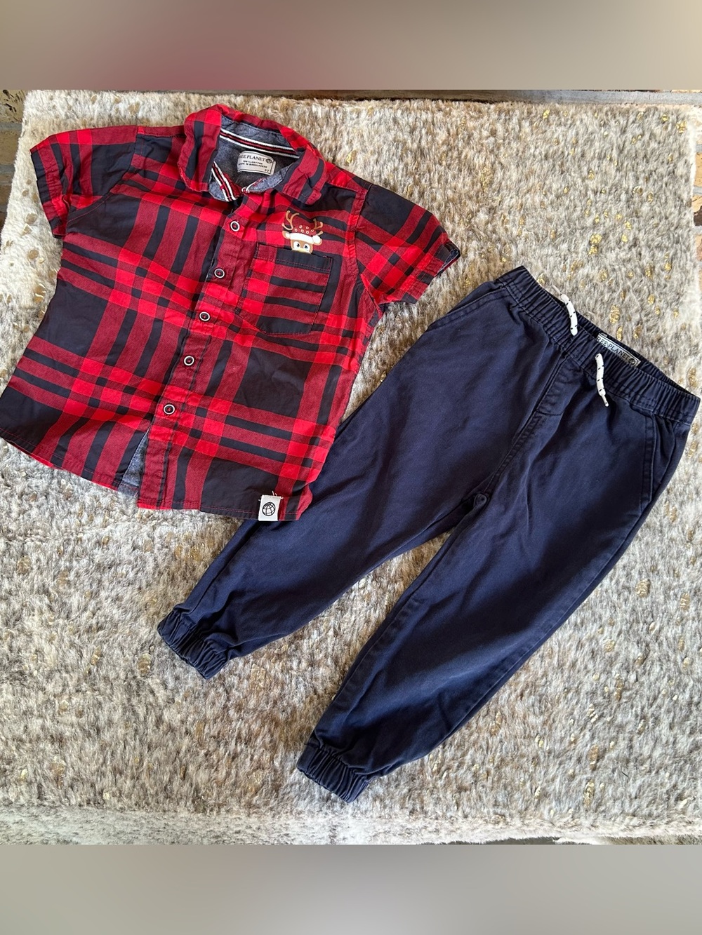 5 for $25🔥Free Planet Plaid Shirt & Navy Pants Matching‎ Set Boys 3T
